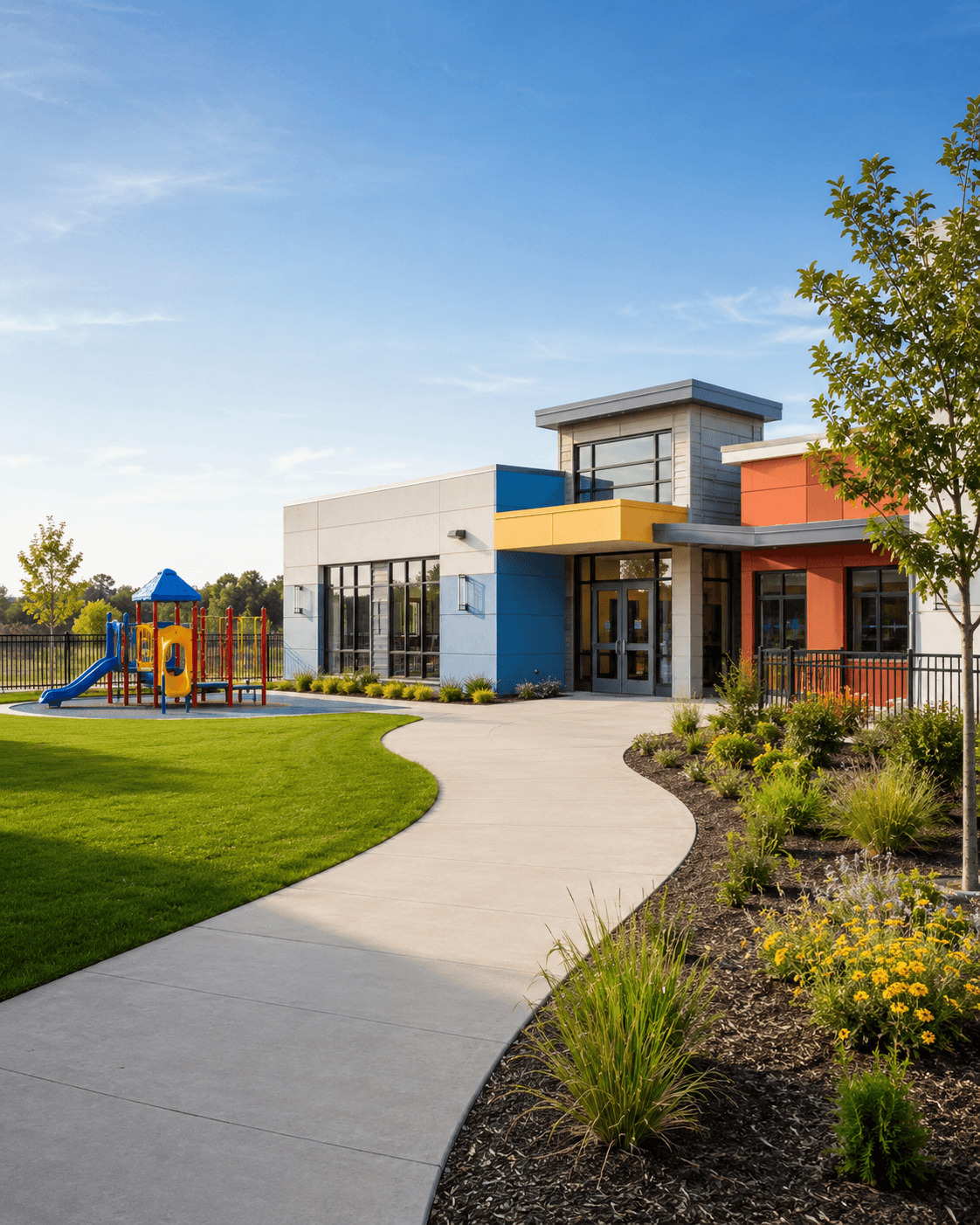Modern early childhood education campus with playground and inviting entrance